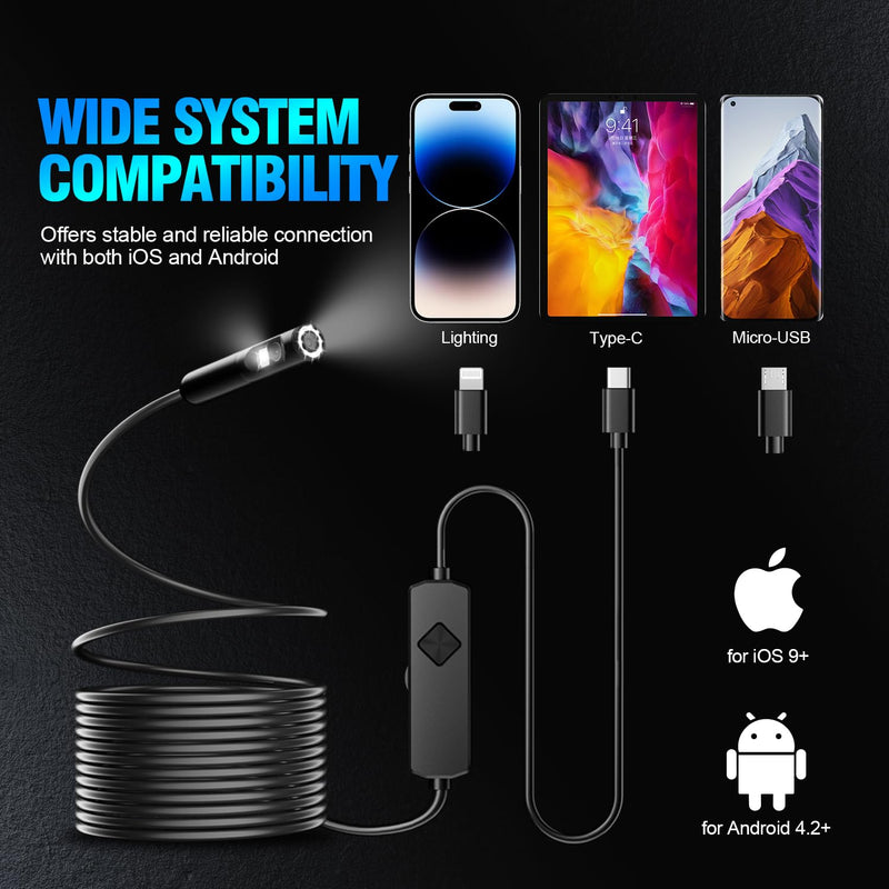 Endoscope Camera with Light, 1920P HD Borescope with 8 Adjustable LEDs, Semi-Rigid Snake Cable, IP67 Waterproof Inspection Camera for iOS & Android - 16.4FT-Dual Lens Black