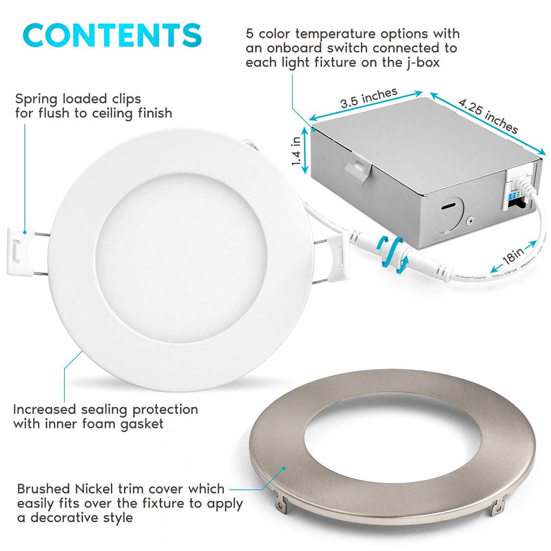 LUXRITE 4 Inch Ultra Thin LED Recessed Light with J-Box, 10W, 5 Color Options 2700K | 3000K | 3500K | 4000K | 5000K, Dimmable Wafer Lights, 750 Lumens, Brushed Nickel, Energy Star, IC Rated 1 Count (Pack of 1) Brushed Nickel Trim