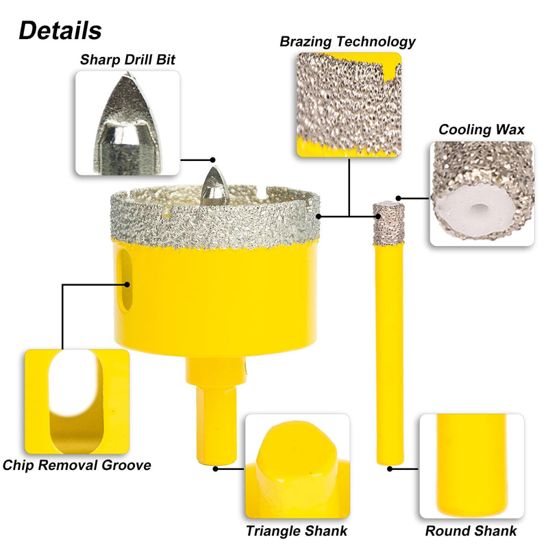 10PCS Diamond Hole Saw Kit with Pilot Bits for Tile Ceramic Glass | Tile Hole Cutter Set with Portable Carrying Case ,Precise Positioning, Fits Porcelain Granite Marble Quartz Stone ,Yellow Yellow