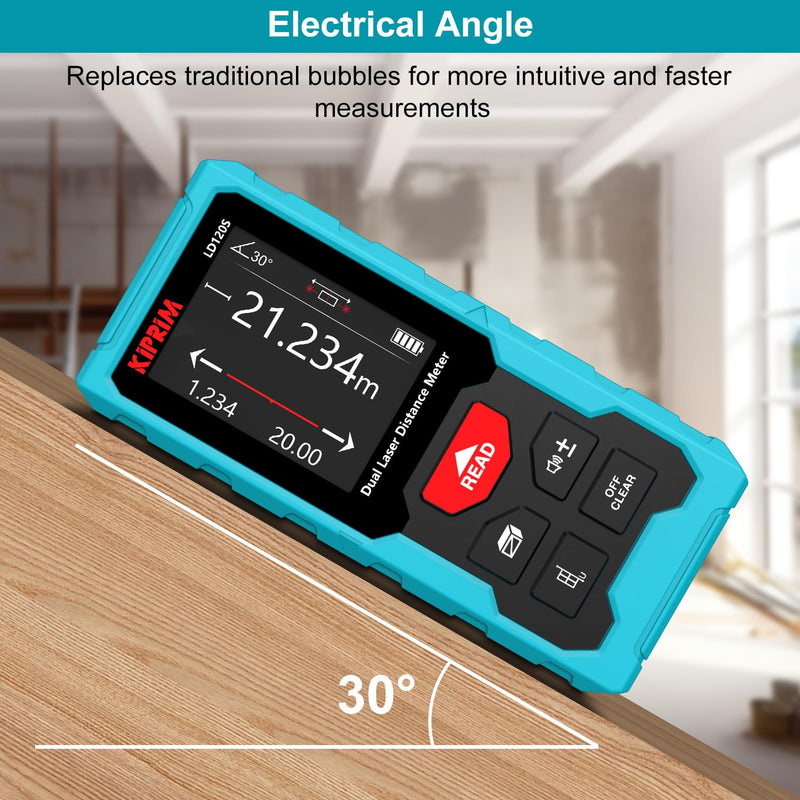 Kiprim 393ft Dual Laser Distance Measuring Tool LD120S, 120m Total Range, Electronic Level, Precise Measurements, and Pythagorean Function - Ideal for Construction, DIY, and Home Renovation 393ft(Dual Laser)