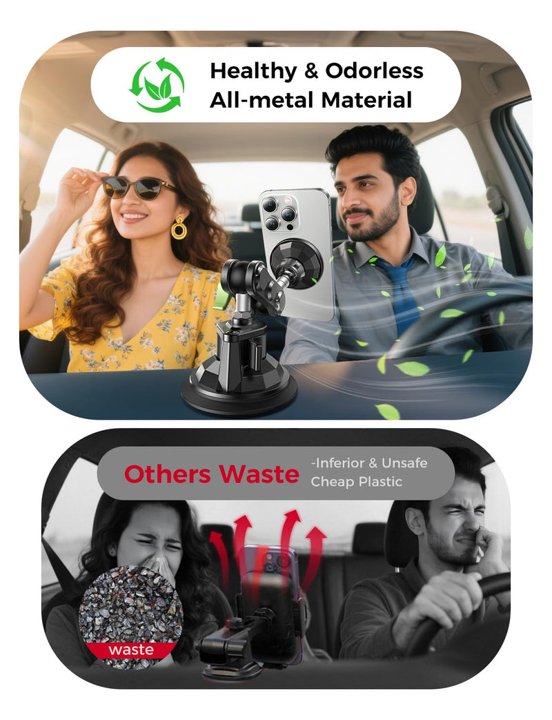MAGIC JOHN Magnetic Car Phone Holder, Windshield Metal Suction Cup Mount | 360 Degree Rotatable, Strong Suction & Magnetic Force, Solid Metal Frame, Easy Installation Extended