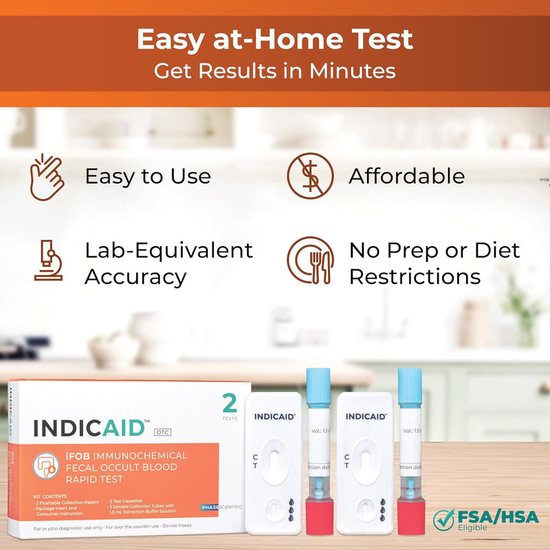 INDICAID Immunochemical Fecal Occult Blood Screening (iFOB), FIT Colon Health screening at Home, 2 Pack, Test for Ulcers, Polyps, Colitis, Accurate and Easy at Home, Sample Collecting Paper Inside.
