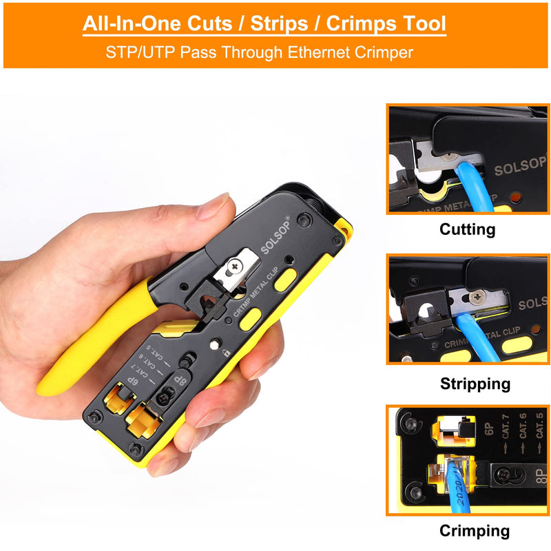 Solsop Pass Through RJ45 Crimp Tool Kit All-in-One Ethernet Crimper Cat7 Cat6 Cat5 Crimping Tool with Network Cable Tester, 50-Pack Cat6 RJ45 Pass Through Connector, 50-Pack Connector Boots RJ45 Crimper Set Yellow-A