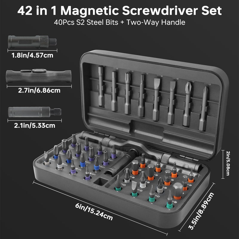 42 in 1 Magnetic Screwdriver Set with Ratchet Handle, Multi Bits Repair Tool Kit for Computer, Furniture, Bike, Watch & DIY, Compact & Portable with Storage Case (Detachable Grey) 42 In 1