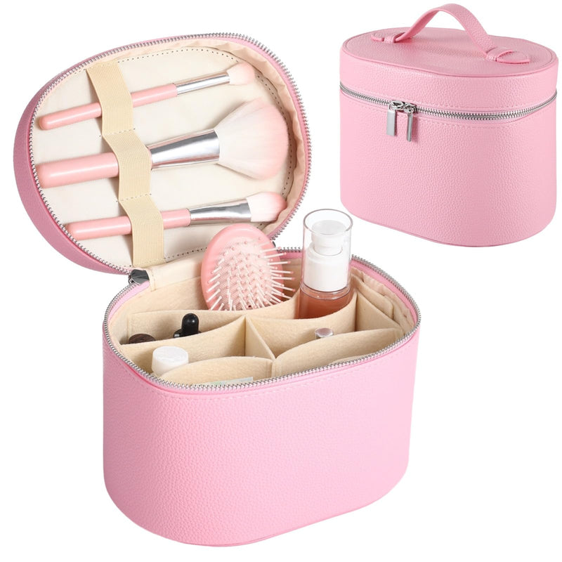 Makeup Vanity Bag for Women - Large Capacity Cosmetic Organizer with Removable Liner, Waterproof PU Leather Skincare Bag, Portable chic Cosmetic Make Up Case for Skincare, Brushes, Accessories, Pink StyleA