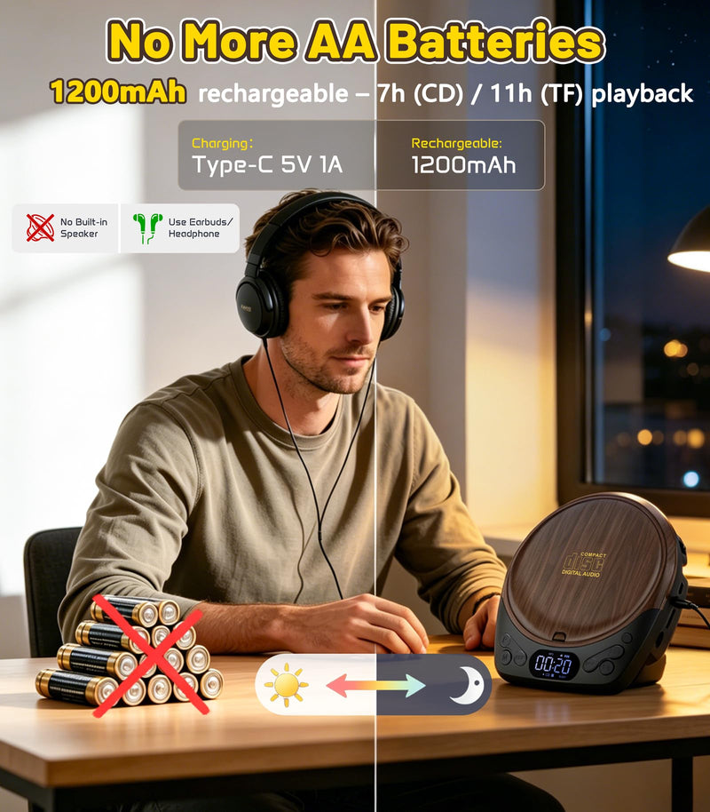 Gracioso Rechargeable Portable CD Player with Headphones for Car & Home | CD/MP3/Micro SD/AUX Out Supported, Retro CD Player, 60s Anti-Skip, Lock/Programmable/Timer, No Built-in Speakers (Walnut Walnut CD Player with 1200mAh Rechargeable Battery