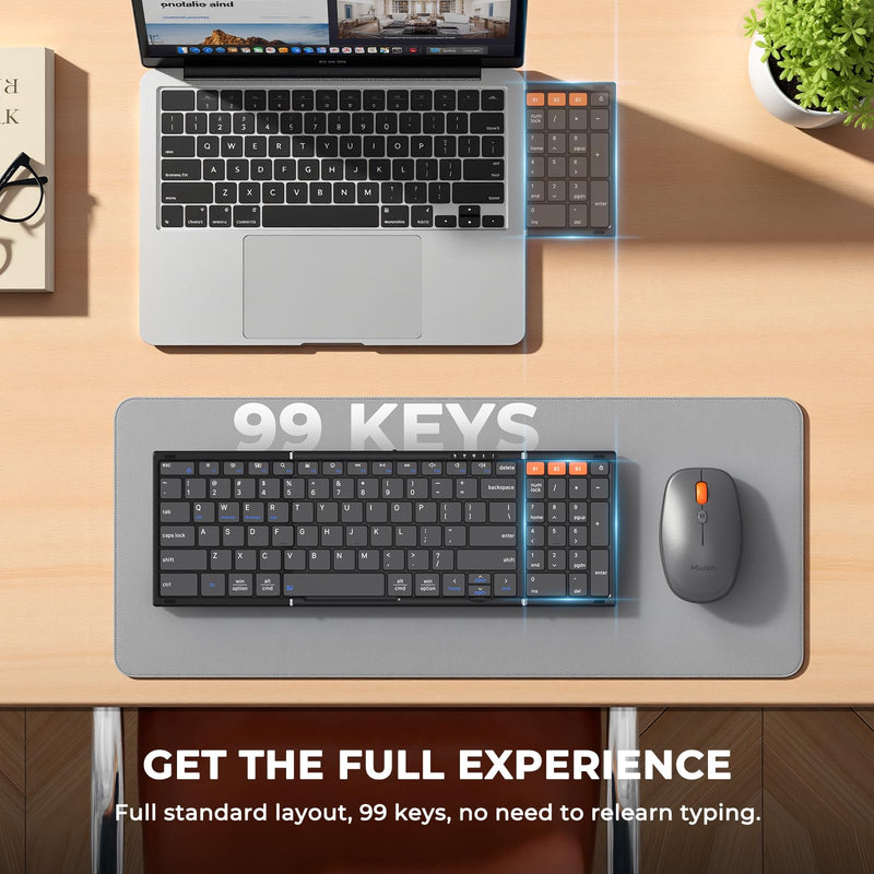 MEETION Foldable Keyboard and Mouse Combo, Bluetooth Portable Set | Rechargeable full-size folding keyboard and mouse with 2.4G & dual Bluetooth, ideal for travel, Windows, Mac & iPad Black