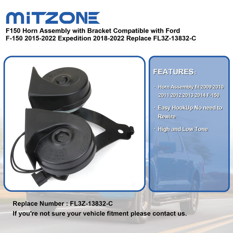 MITZONE F150 Horn Assembly With Bracket Compatible with Ford F-150 2015-2022 Expedition 2018-2022 Replace FL3Z-13832-C Black