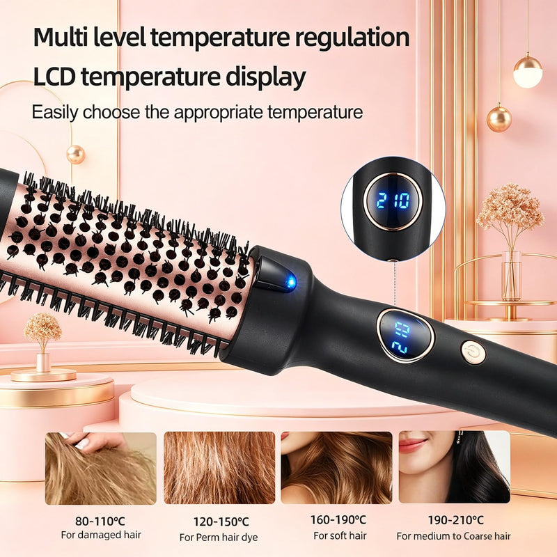  [AUSTRALIA] - Thermal Hair Brush, 38MM Heated Round Brush for Long Dry Hair, Curling Iron & Straightener, 3 Temperature Settings up to 210°C, 30s Fast Heating, Anti-Scald Nylon Bristles