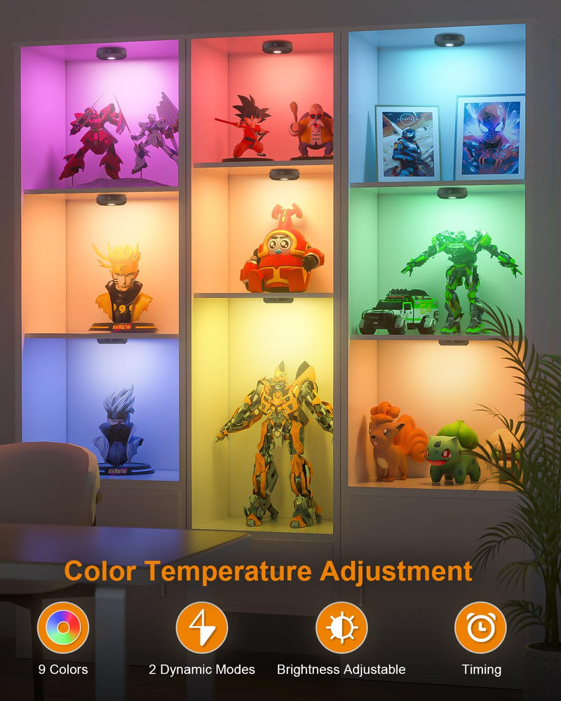 WILLED Under Cabinet Lighting Wireless,RGB Rechargeable Puck Lights with Remote Control,Battery Touch Tap Light with Timer Function,Stick On LED Lights for Kitchen,Cabinet,Counter,Closet,Shelf,6 Pack 6 Pack RGB Multicolor
