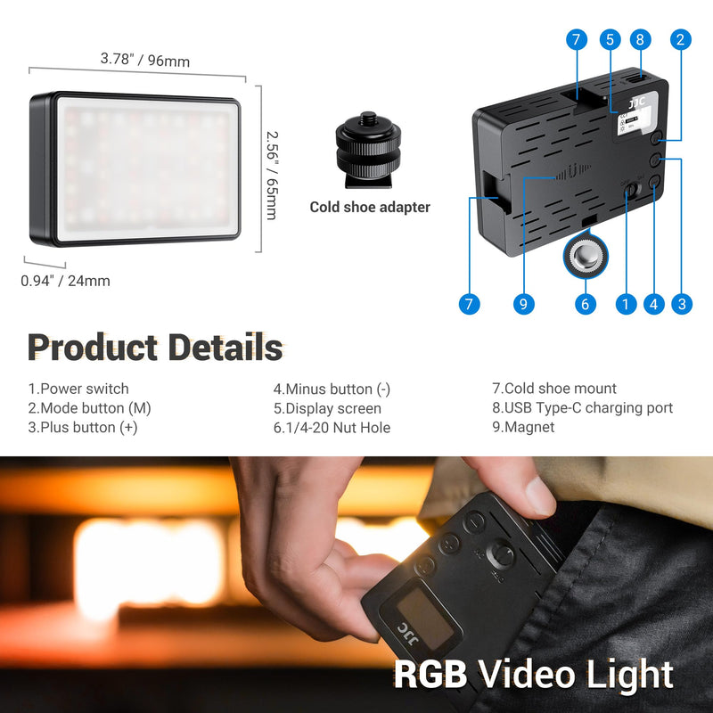 JJC RGB Video Light, 360°Full Color 24 Effects 2600mAh Rechargeable 2500-8500K Magnetic LED Camera Light, 1/4" Screw Mount Cold Shoe Light, Portable Light for Photography Video Streaming