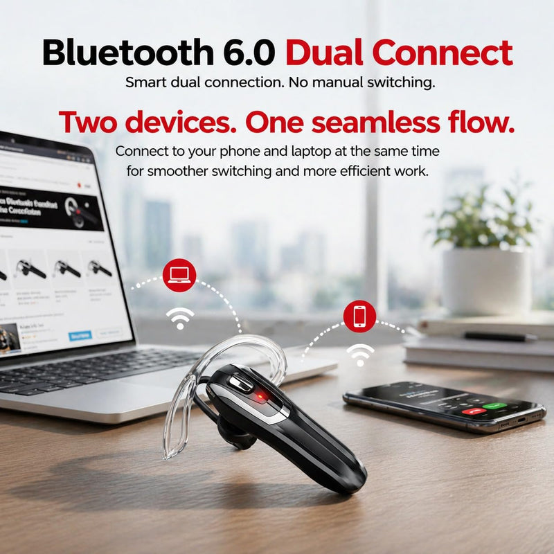 Bluetooth Headset, Bluetooth Earpiece Noise Cancelling Mic, Trucker Headset 38H Talk Time, All-Day Comfort, Quick Mute - Single Ear Bluetooth Headset for Work, Travel, Driving
