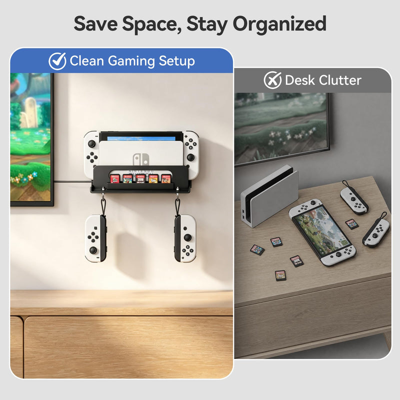 Wall Mount Compatible with Nintendo Switch 1/OLED/2 | Switch Dock Wall Mount with Controller & Game Card Storage, Space-Saving Gaming Organizer