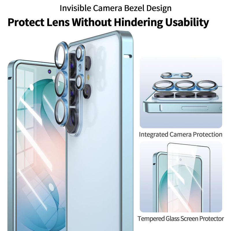 Metal Bumper Case for Samsung Galaxy S26 Ultra, Aluminium Frame Slim Case [Separate Metal Lens Protector] [HD Tempered Glass Screen Protector] [Hippocampus Buckle Design] Cover for S26 Ultra 6.9 Inch Blue for Samsung glaxy S26 Ultra