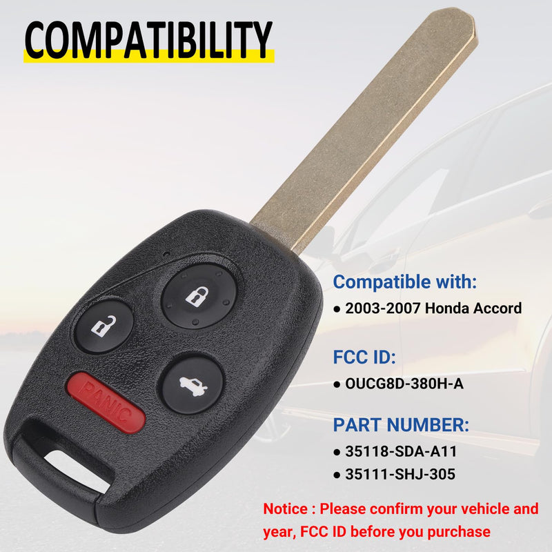 Key Fob Replacement for 2003-2007 Honda Accord Car Keyless Entry Remote Control,OUCG8D-380H-A 35111-SHJ-305,4 Buttons, 2Pcs