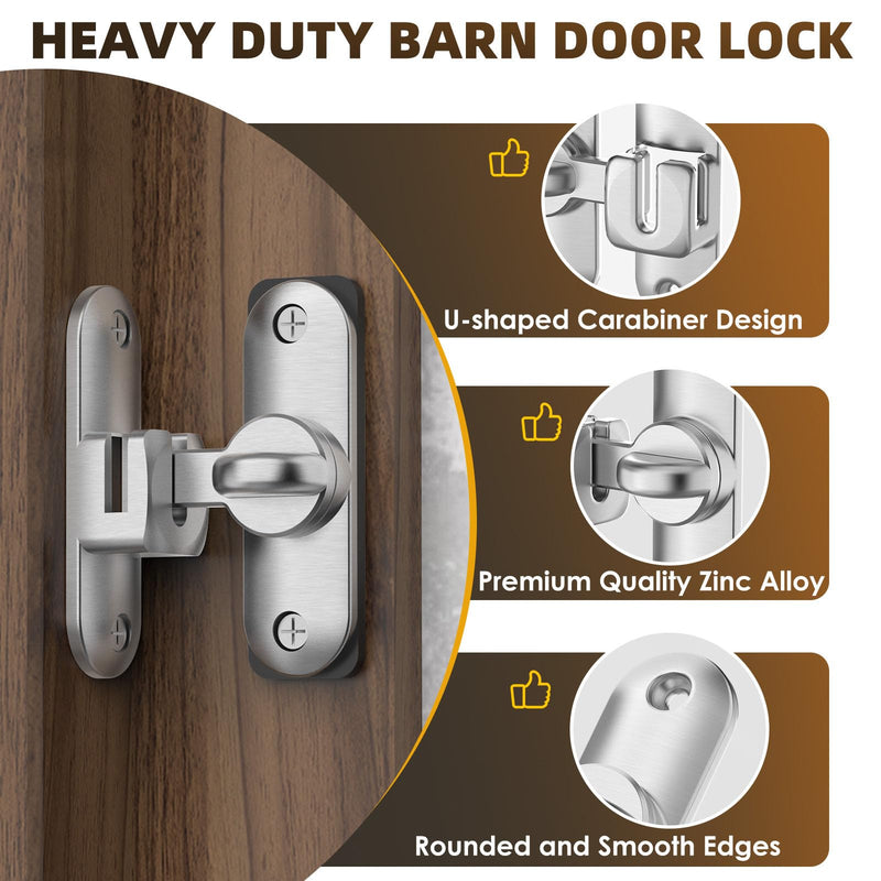 90/180 Degree Barn Door Lock & Latch, Zinc Alloy Sliding Flip Lock Hardware for Cabinet, Bathroom, Garage, Wooden Fence, Pet Gate, Shed (Silver - 2Pack) Silver - 2Pack