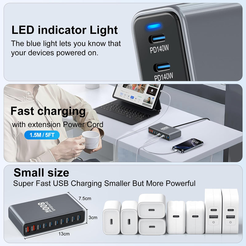 800W USB C Charger, 140W GaN Charger, 10-Port 100W/65W Fast Charging Station Compatible with MacBook Pro 16, HP, ASUS Laptops, iPad, iPhone 16 Pro Max/15, Samsung Galaxy S24/S23, Steam Deck and More
