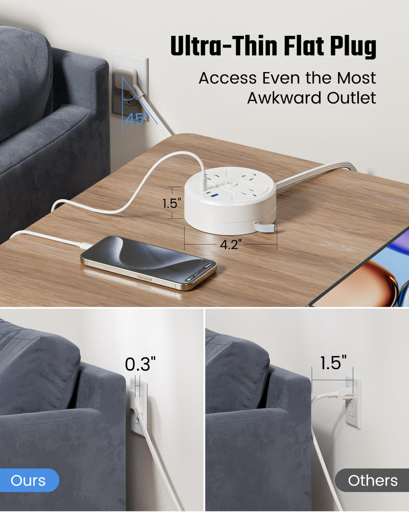 SUPERDANNY Travel Power Strip with 5ft Retractable Extension Cord Portable 3-AC & 3-USB 20W Fast Charging Station for Home Office, Business Travel, Trip, Cruise, No Surge Protector, White