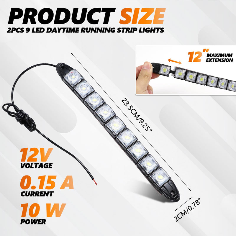 2PCS 9 LED Daytime Running Strip Lights, Bright 12V Car DRL Strip Light Kit, Flexible Spot Light Fog Lamp, Waterproof Vehicle Clearance Light Universal for Truck SUV Car