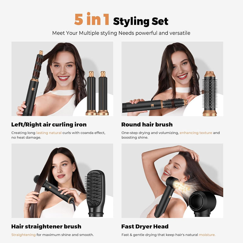 Air Hair Styler 5 in 1, Magic Styer, 1000W Hair Dryer Brush for Hair Styling, Hot Air Brush for Volumizing, Hair Wrap Dryer Set with Detachable Heads Comb Bronze