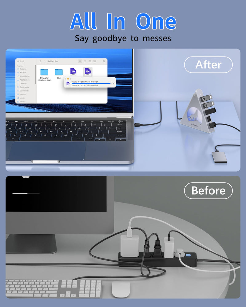 7 Port USB Hub, JoyReken USB 3.0 Hub with 2 FT Long Cable, Vertical USB Extension Hub for Laptop, MacBook,Xbox,PS4/5, Flash Drive, XPS, PC, Flash Drive, Game Console, Printer, Keyborad, Mouse (Silver) 2ft Silver