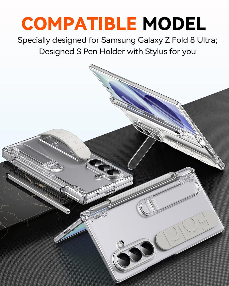 Finger Strap for Samsung Galaxy Z Fold 8 Ultra Case with S Pen Holder & Stylus, Full Coverage Hinge Protection Screen Protector Kickstand Hand Holder Grip Cover Case for Z Fold 8 Ultra Clear