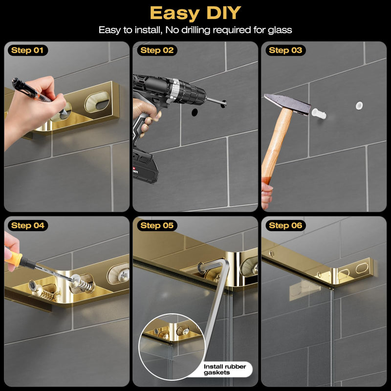Heavy Duty Fixed Glass Clamp Support Bracket for Frameless Shower Doors,Reliably 304 Stainless Steel Stabilizing Bar for 6-12mm Glass Panels,No-Drill Installation,Mirror Gold Left Side Glass Polished Gold