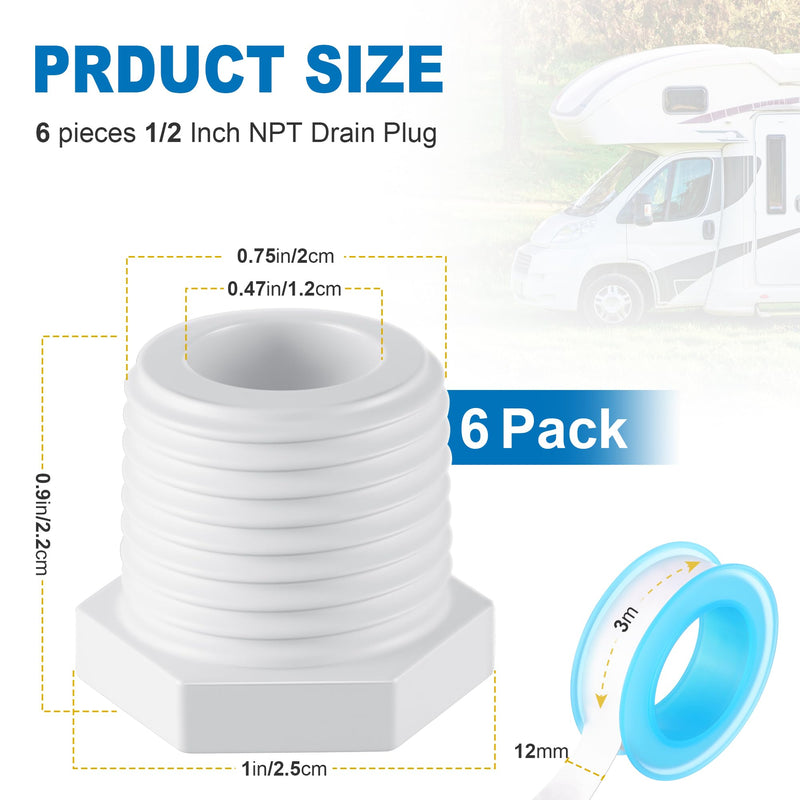 6 Pieces RV Hot Water Heater Drain Plug with Tape, 1/2 Inch NPT Drain Plug White Plastic Drain Plug, Compatible with RV Camper and Atwood Water Heater 11630 91857