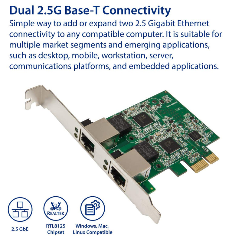 Syba Dual 2.5 Gigabit Ethernet PCI-E Network Expansion Card RJ45 LAN Adapter Low Profile Bracket SD-PEX24066 2-Port 2.5G