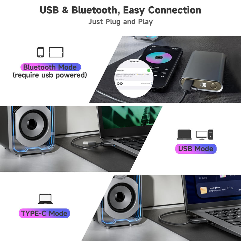 SOULION 2.0 Computer Speakers, 10W USB-Powered Bluetooth Wired PC Speakers with Easy-Control Pod for Desktop, Tiny Desk Soundbar with 5 Mirror-Like LED Light Modes for Monitor Laptop - Black Modern