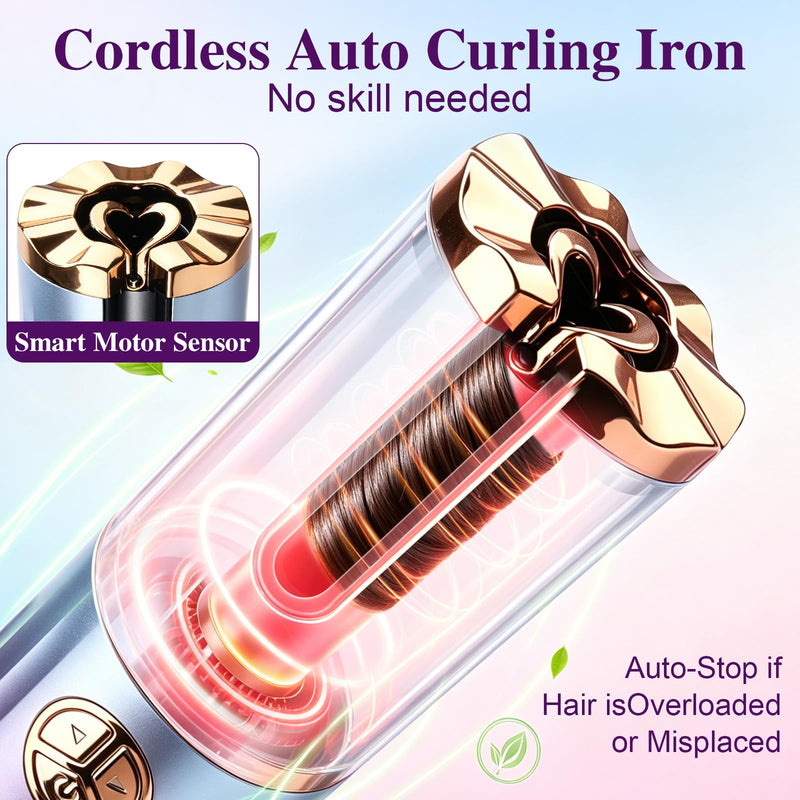 Automatic Hair Curler, dual-temperature display (°C and °F), Curling iron with 6 Temperature Settings,equipped with a 5200mAh battery with left-right rotation function,suitable for home and travel use