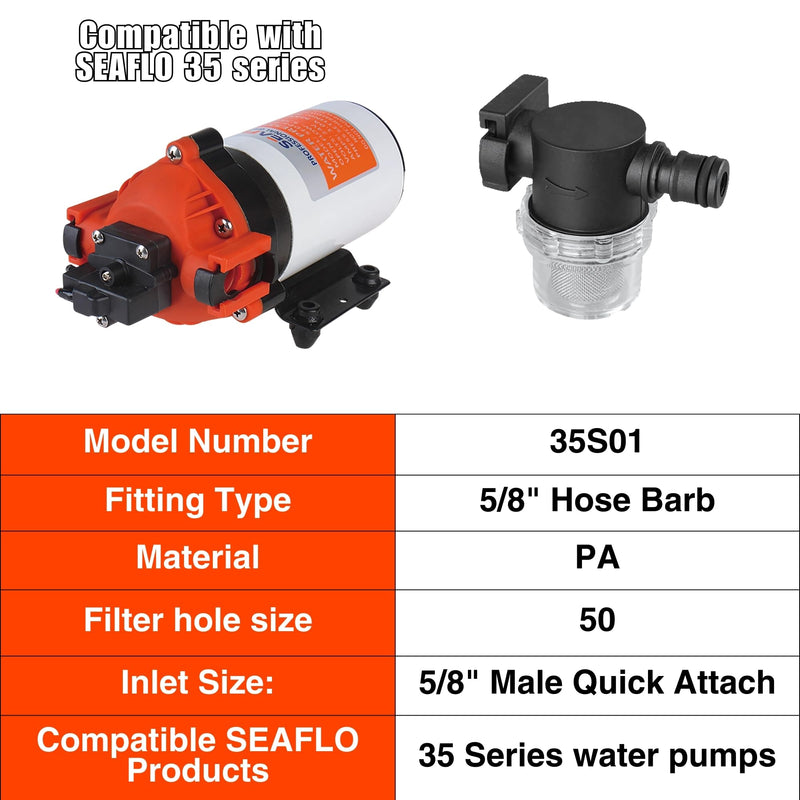 SEAFLO Inline Water Pump Filter 35S01-5/8" Female Quick Attach & 5/8" Hose Barb, 50 MeshSteel Strainer with Plastic Shell, Fits SEAFLO 35 Series Pumps, RV, Marine, Agriculture, Lawn Care (5-Pack)