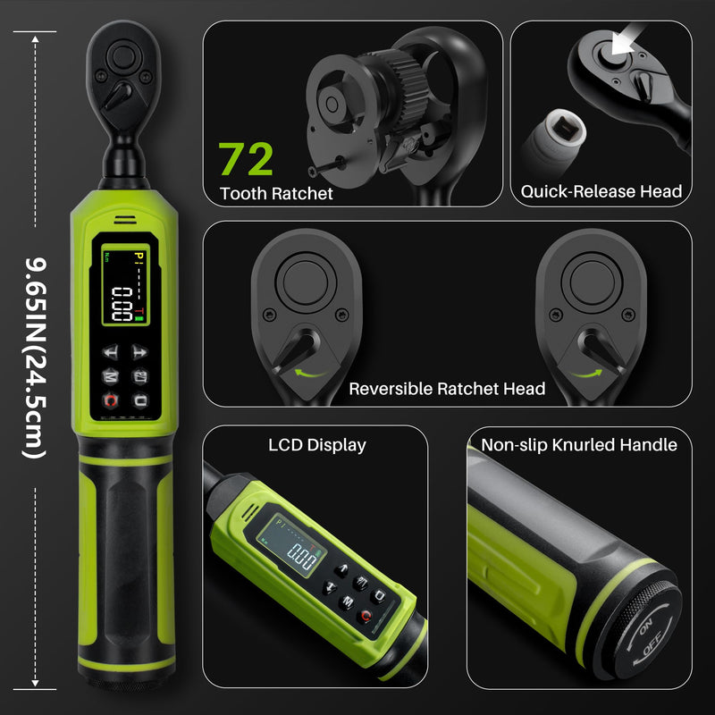 Digital Torque Wrench 1/4" Drive-4-266In.Lb/0.45-30N.m, Electric Torque Wrench With Vibration Buzzer LED Indicator,±2% Accuracy Five Units for Bike Motorcycle Car Auto Repair,DIY,Green Black 1/4" 4-266 In.Lb