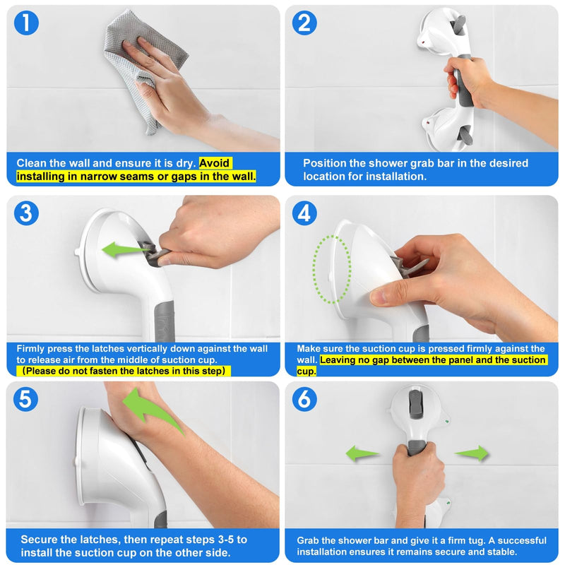 Suction Grab Bar with Safety Indicator for Bathtub Shower Bathroom, Heavy Duty Handrail Removable Reusable for Elderly Disabled and Kids, Anti-Slip Grip, No Drilling Tool Free, Waterproof Grey 12'' 2 Pack Gray