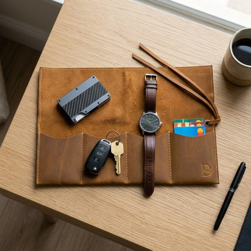 Dessi Handmade Crazy Horse Full Grain Leather Watch Roll 4 Slot Storage Organizer Case Universal Flat Fold Coffee Brown Travel Pouch Holder for Men Women Luxury Mechanical Timepieces