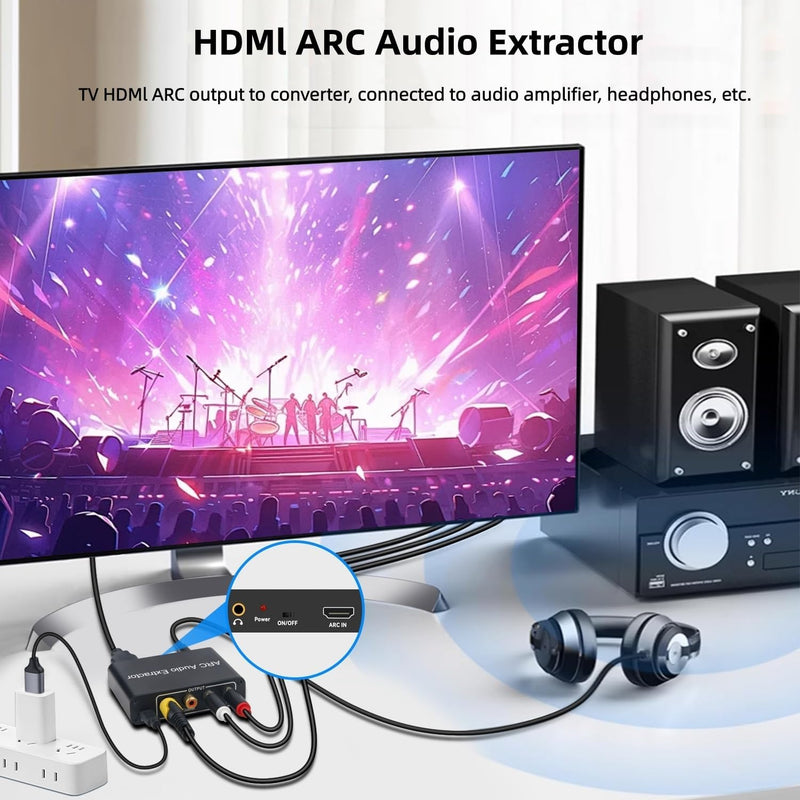 HDMI ARC Audio Extractor Converter, 192KHz ARC Audio Extractor Output Optical SPDIF/Coaxial/RCA and 3.5mm Jack Stereo Adapter for HDTV Link to Soundbar, Home Amplifier, Speaker ect 5in HDMI ARC Audio Extractor