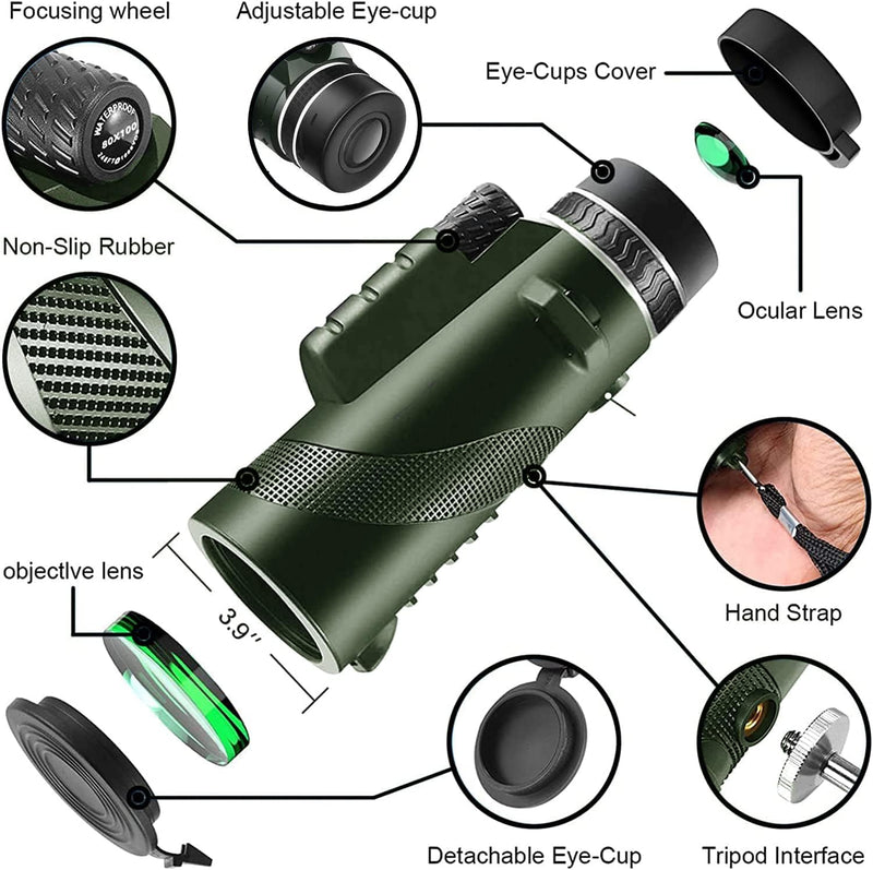 Monocular-Telescope 80x100 High Powered Monoculars High Definition forAduts High Powered with HD BAK4 Prism Smartphone AdapterTelescope Bird Watching Travel Camping Hiking-Green Green