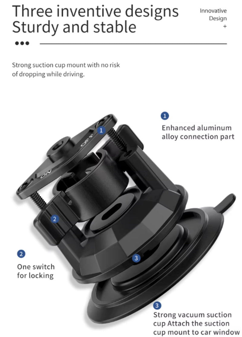 Multi-Purpose Cell Phone and Action Camera Holder for Insta360, Gopro, iPhone with Strong Suction Cup and Aluminum Alloy Double Ball arm.