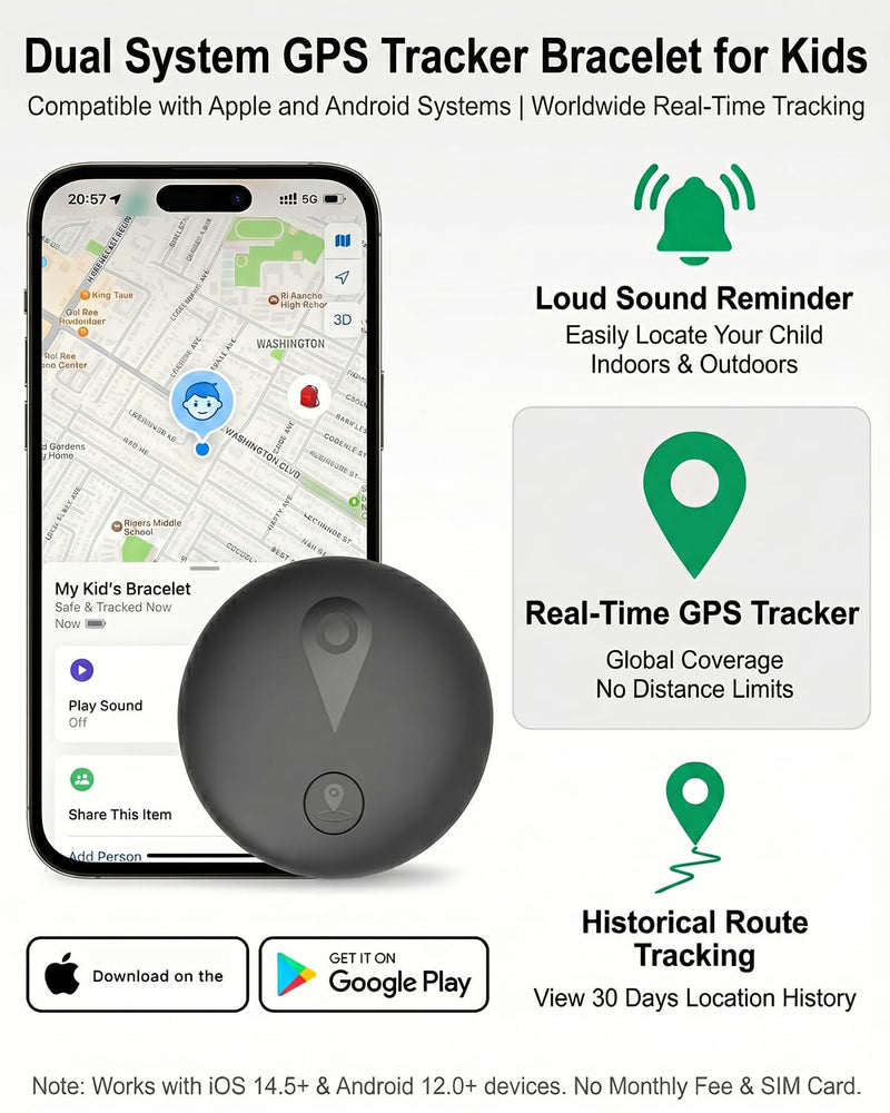 GPS Tracker for Kids, Smart Kids Tracker with Real-Time Location, for Android and iPhone No Monthly Fee & No SIM Card- Wearable Wristband & Keychain Design, IP68 Waterproof,Indoor & Outdoor Safety Use Black