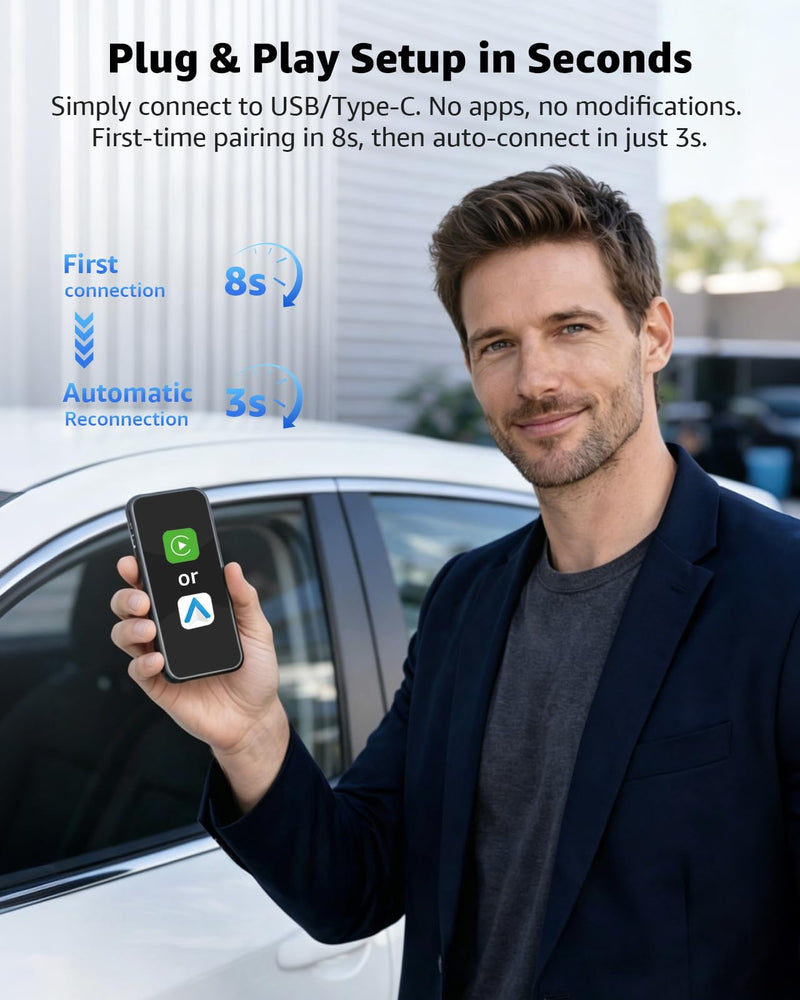 Wireless CarPlay Adapter & Android Auto Adapter, 2-in-1 Mini Dongle, Wired to Wireless, Plug & Play, Fast Auto Reconnect, Stable Low-Latency Connection, for iPhone & Android, Cars 2016+, Black