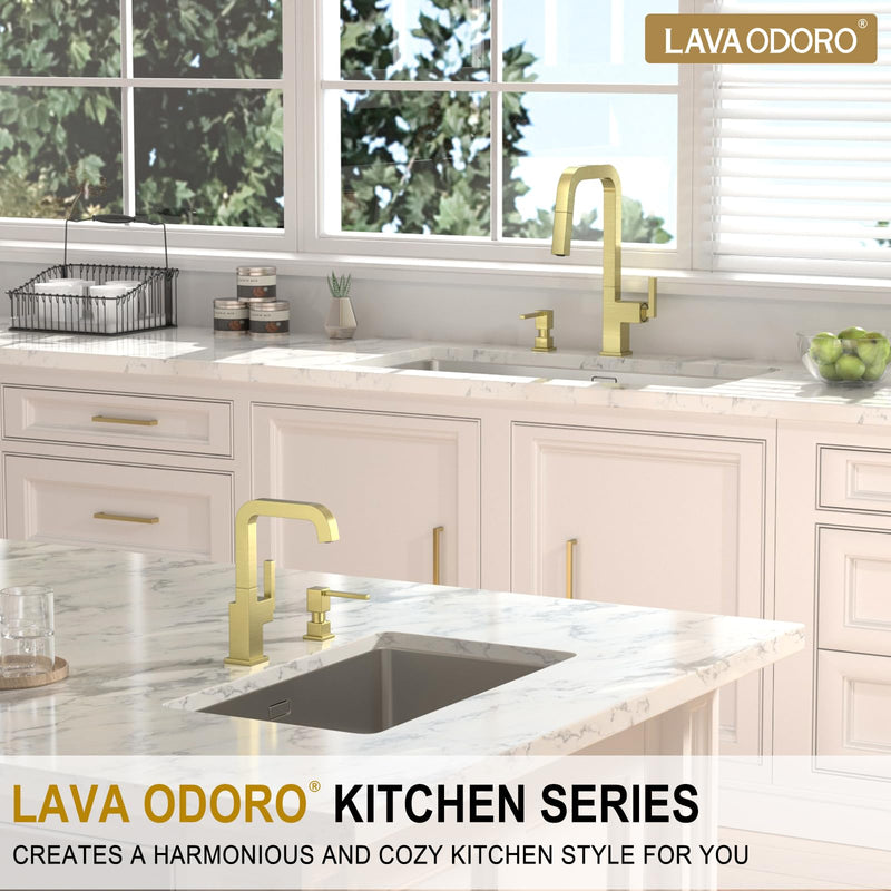 Lava Odoro Soap Dispenser for Kitchen Sink, Gold Sink Soap Dispenser Pump, Modern Square Built in Kitchen Sink Countertop Pump Dispenser with 18oz Refillable Bottle, Spot-Free KSD182-SG Brushed Gold