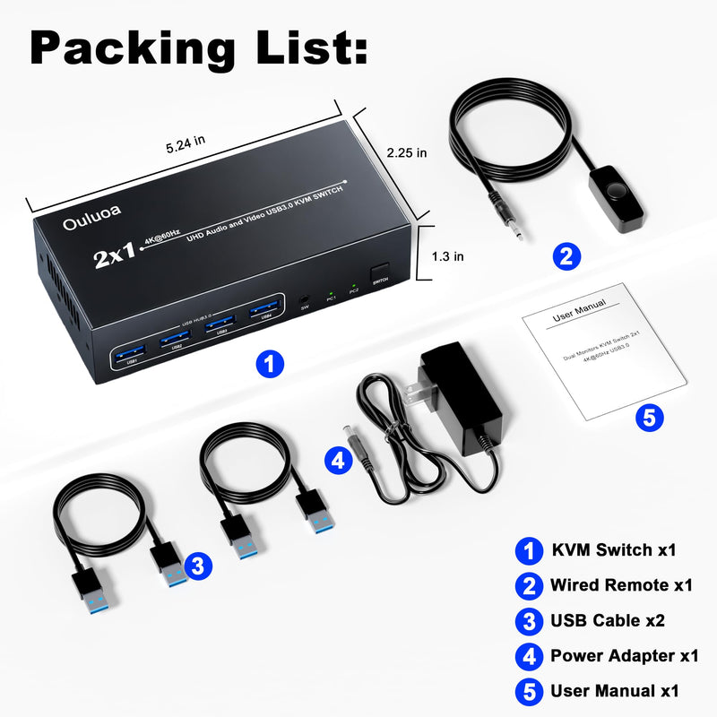 Dual Monitor 2 Port HDMI KVM Switch,4K@60Hz 2 Computers 2 Displays KVM Switcher with 4 USB 3.0 Ports, Wired Remote & EDID Emulator, Extended & Duplicate Display for Windows Mac Linux HDMI 2 Monitors 2 pc