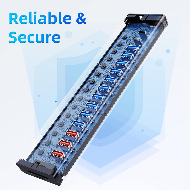 Powered USB Hub 10Gbps, 17 Ports 96W USB 3.2 Hub(10 USB-A 3.2 Ports+3 QC 24W Fast Charging Ports+2 USB-C 3.2 Ports+SD/TF Card Reader), 12V/8A Power Adapter for Laptop, PC, Computer, HDD,Flash Drive Gray