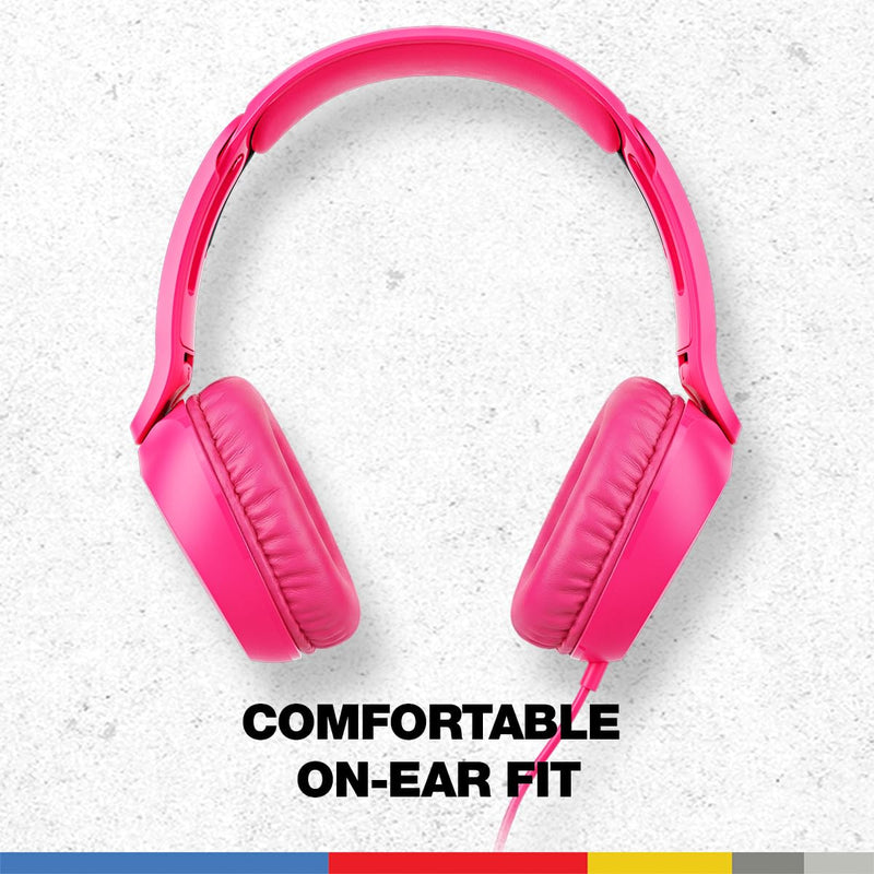 Skullcandy Icon 180 Wired On-Ear Headphones - Crazy Pink | Built-In 85dB Volume Limiter, Comfortable, Adjustable Headband, Convenient for Travel with 3.5mm AUX Plug, In-Line Microphone