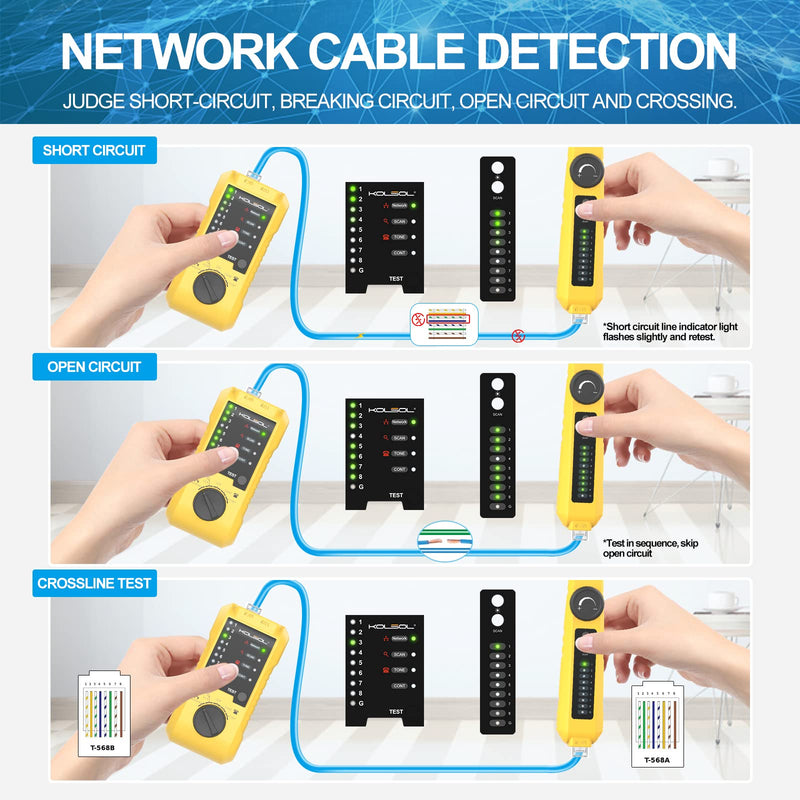 Network Cable Tester, Ethernet Wire Tracer with Telephone Line Checking for CAT5 CAT6, RJ11 RJ45 LAN Network Cable Finder for Wire Continuity/Short/Breaking/Open/Crossing