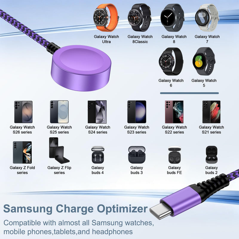 Travel Essentials Magnetic Fast Charger for Samsung Watch Charger 8 Classic | 2in1 USB A & USB C Fast Charging Cable for Samsung Galaxy Watch 8/7/Ultra/6/5 Pro/5/4/4 Classic/3/2/A17/A16/A37/S26/S25/S2 Purple