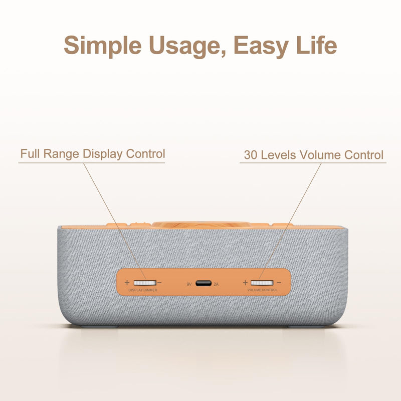 REACHER 15W Fast Magnetic Wireless Charging Alarm Clock with White Noise Machine, Woodgrain Style, 20 High‑Fidelity Sounds, Gradual Wake & Snooze, 0–100% Dimmable Digital Clock, Bedroom & Office Wood Grain