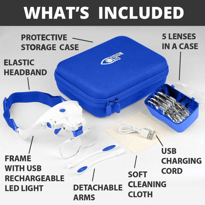 Vision Aid Expert Edition Magnifying Glasses with USB Rechargeable LED Light and Storage Case Hands Free Head Magnifier for Hobby Painting Close Work USB Rechargeable - Expert Set