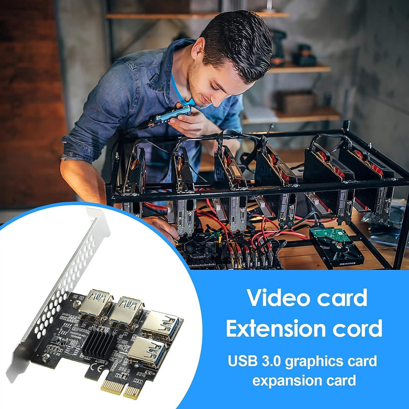 PCI-E 1 to 4 PCI-Express 16X Slots Riser Card,PCI-E 1X to External 4 PCI-E USB 3.0 Adapter Multiplier Card for Bitcoin Mining