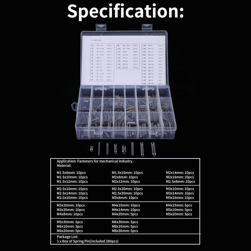 280Pcs Stainless Steel Roll Pin Assortment Kit Metric Slotted Spring Pins M1.5 to M8 Split Tension Pins for Automotive Machinery Industrial Repair